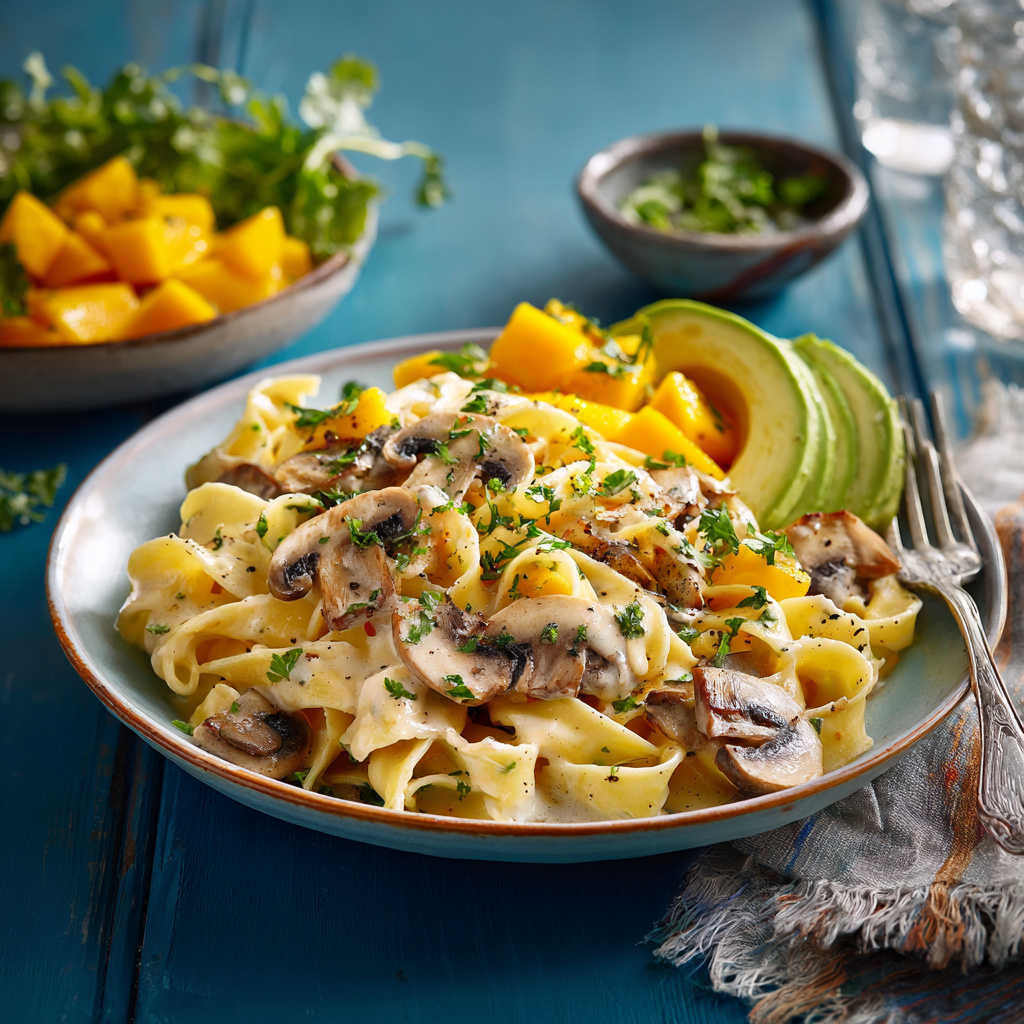 Cena Romántica: Pasta Cremosa de Champiñones + Ensalada de Mango y Aguacate Cena Romántica: Pasta Cremosa de Champiñones + Ensalada de Mango y Aguacate